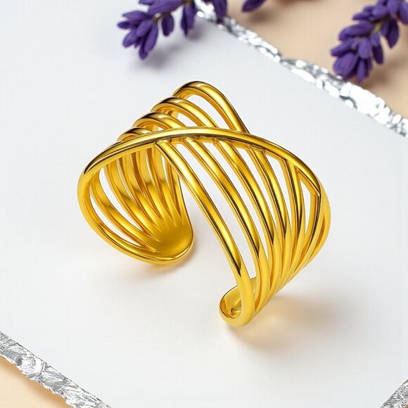 🆕 Modern Chic Crisscross Ring 18K Gold Plated Stainless Steel Adjustable Band - Picture 10 of 12